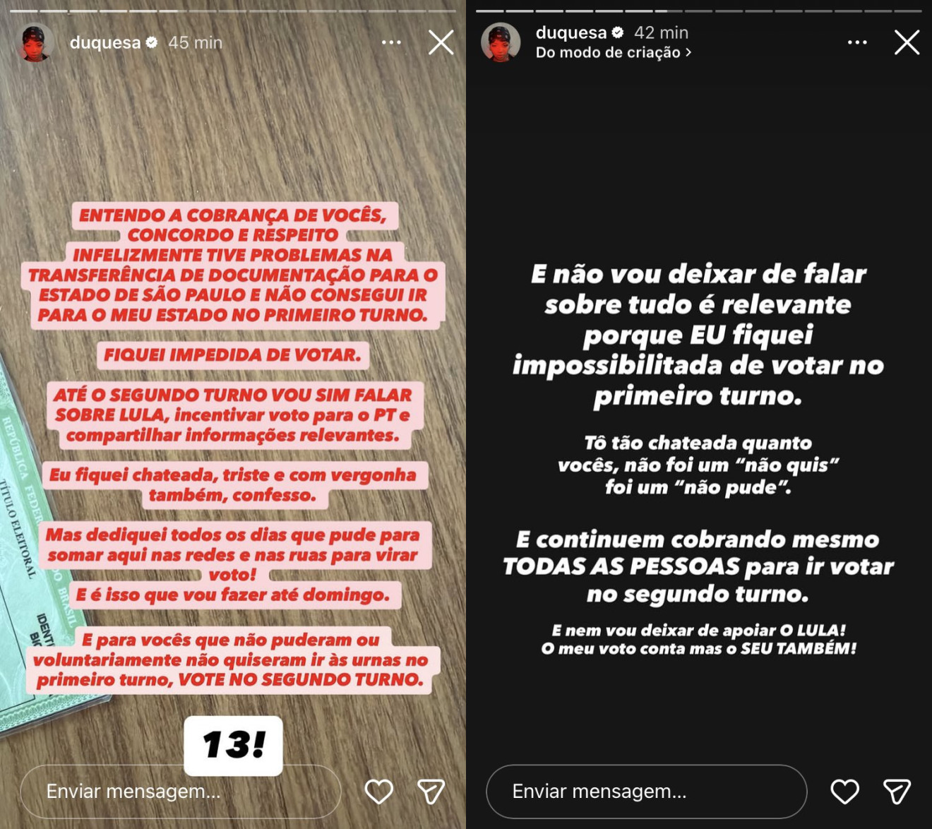 Duquesa rebate críticas por não votar no 1º turno: "Fiquei com vergonha"