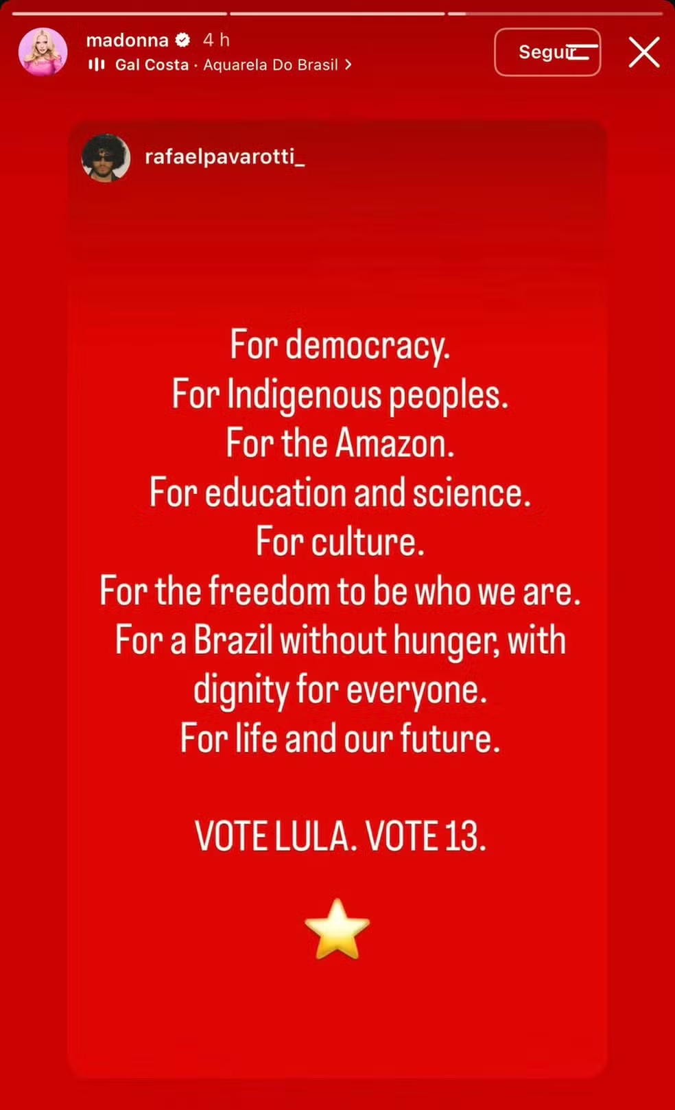 Madonna compartilha story de apoio à reeleição de Lula para presidência